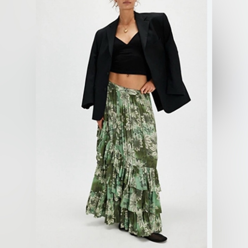 new FREE PEOPLE marietta one clover maxi skirt in green combo xs